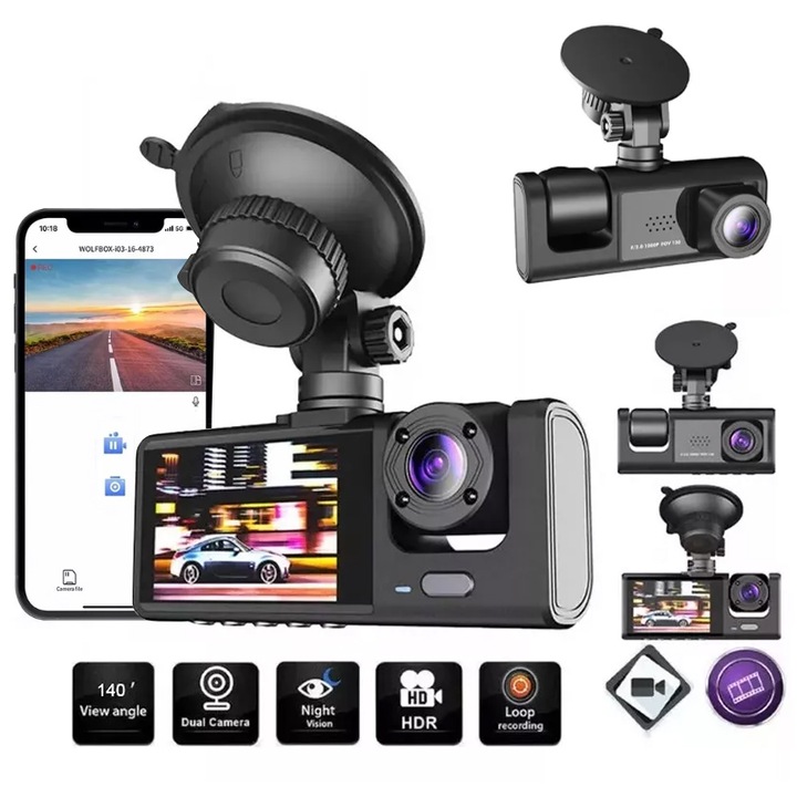 Camera auto DVR Astarth Triple, Full HD 1080p, unghi larg 170°, monitorizare parcare, neagra