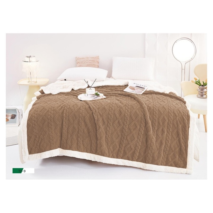 Patura cu blanita pentru pat dublu, model tip Tricot, Uni, 200x230cm, maro