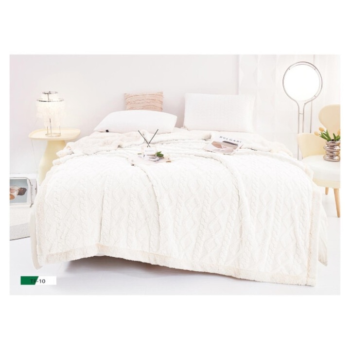 Patura cu blanita pentru pat dublu, model tip Tricot, Uni, 200x230cm, alb