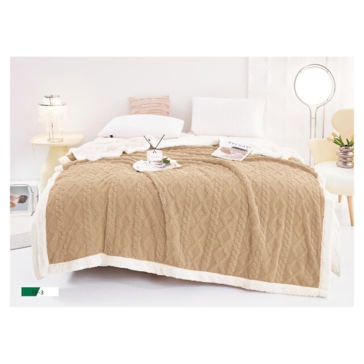 Patura cu blanita pentru pat dublu, model tip Tricot, Uni, 200x230cm, maro deschis