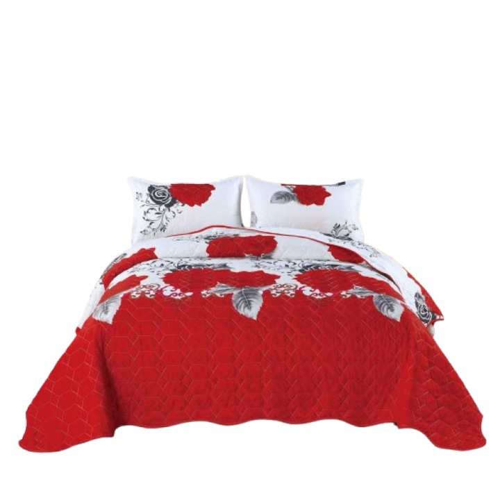 Cuvertura de pat si 2 fete perna, pentru pat dublu, 3 piese, 2 persoane, imprimeu Floral, 220x240cm, Multicolor