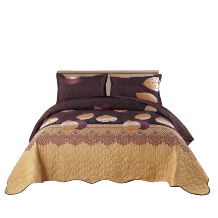 Cuvertura de pat si 2 fete perna, pentru pat dublu, 3 piese, 2 persoane, Imprimeu Frunze de Toamna, 220x240cm, Multicolor