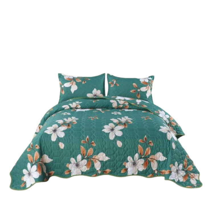 Cuvertura de pat si 2 fete perna, pentru pat dublu, 3 piese, 2 persoane, Imprimeu Ramuri Inflorite, 220x240cm, Multicolor