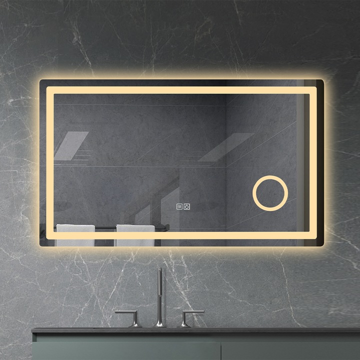 Oglinda Led, cu Lupa cosmetica, Dezaburire, Touch, 3 Culori, 5 mm, dimensiuni 120x70 cm, Velora