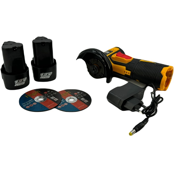 Mini Polizor Flex Unghiular Portabil, AT PERFORMANCE®, 2 acumulatori 12V, 750W, 1500 mAh, 19500 rpm, 2 discuri 76 mm, Autonomie Mare, Portocaliu/Negru