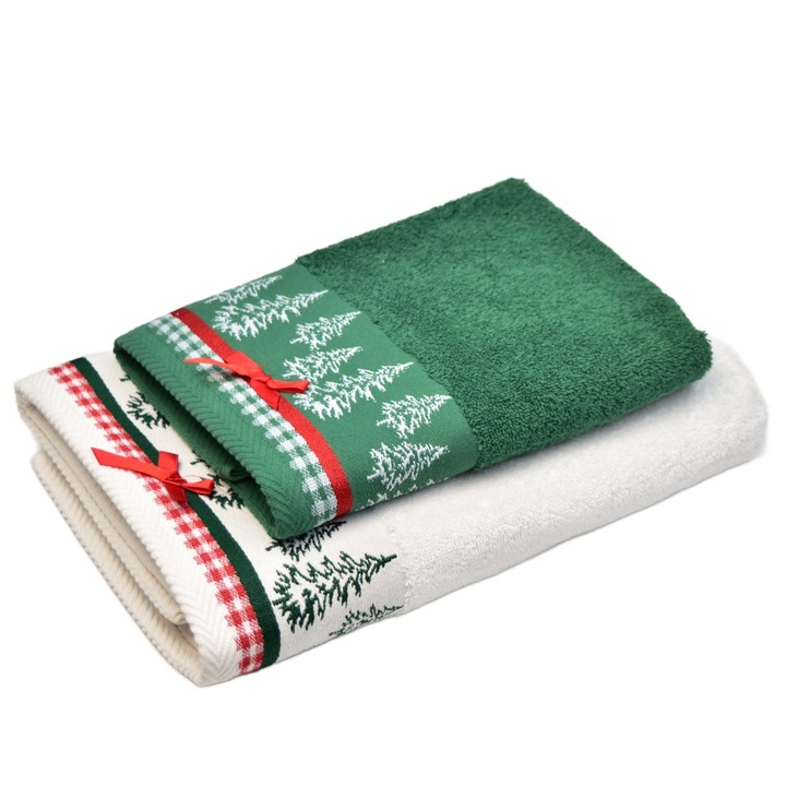 Зелена коледна кърпа и бяла кърпа с панделка, 2 броя