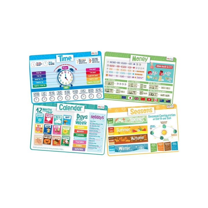 Set de 4 planse educationale pentru copii, Merka, Reutilizabile, Anti-alunecare, din plastic, 45 x 30, multicolor