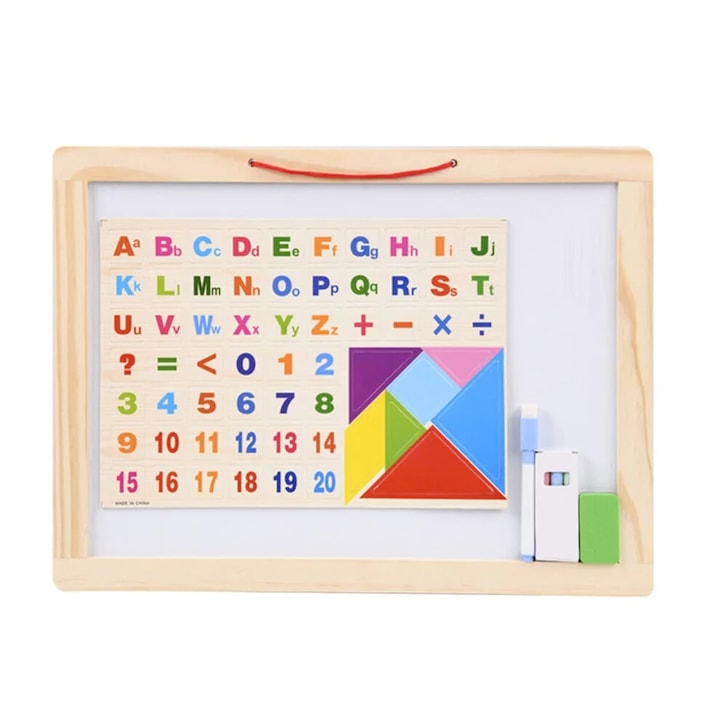 Tabla magnetica pentru copii 4 in 1, 44.5 x 33 cm, natur, Toyska®