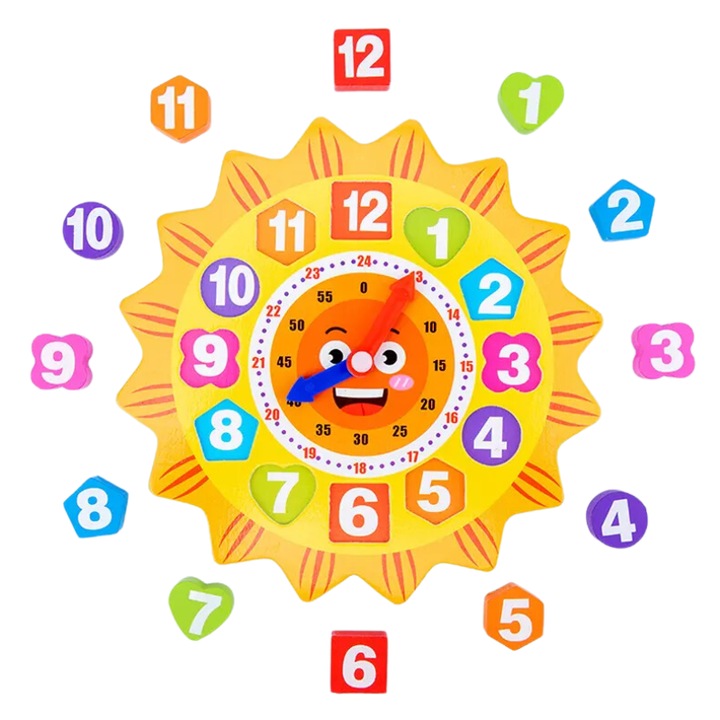 Fából készült oktatóóra gyerekeknek aranyos kivitelben, mosolygós nap, interaktív oktatóeszköz az időtanuláshoz, kognitív készségek fejlesztése és óvodai képzés, 22x22 cm, + 3 év, Utility One
