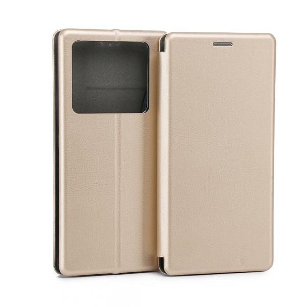 Husa telefon tip carte, Beline, Compatibil cu Infinix Note 40, Piele ecologica, Inchidere magnetica, Compartiment carduri, Auriu