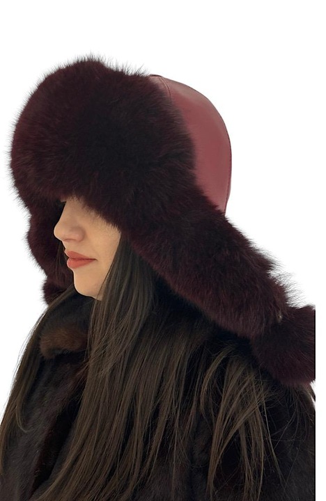 Caciula din blana naturala pentru femei cu urechi, Visiniu