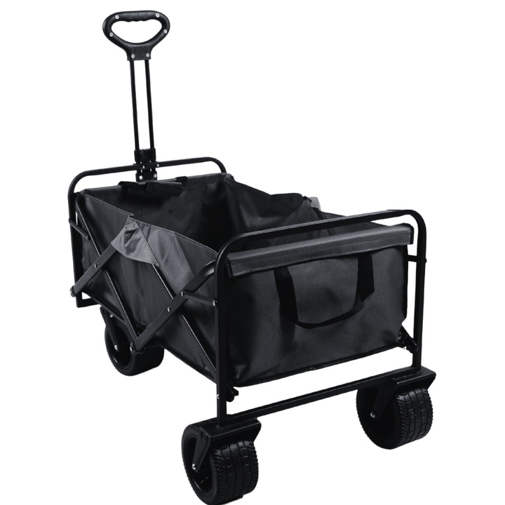 Плажна количка, Wobell, Ръчна, Сгъваема, Транспортна, на колела, до 120 кг, 90L, Черна, Кормило 40 см, Дебелина на колелото 10 см, 10 кг, Черна