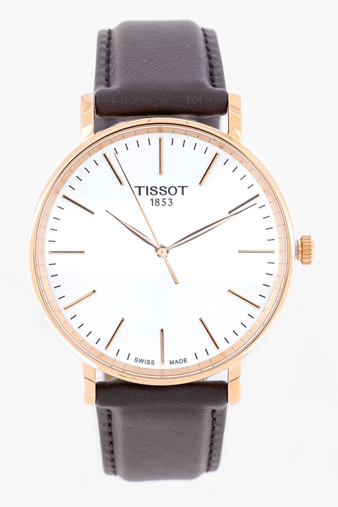Tissot, Унисекс часовник с кожена каишка, Тъмнокафяв