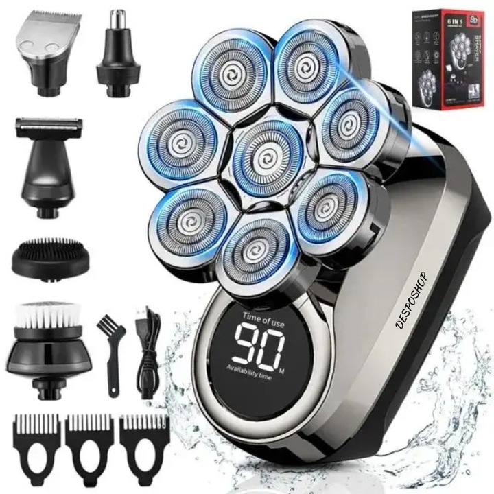 Aparat de ras electric, shaver si trimmer pentru barbati, cu 8 lame de taiere, acesori 6 in 1, display LED, rezistent la apa, cu accesori pentru barba si nas, model 8D, autonomie de 90 minute, incarcare rapida prin USB, aplicabilitate usoara