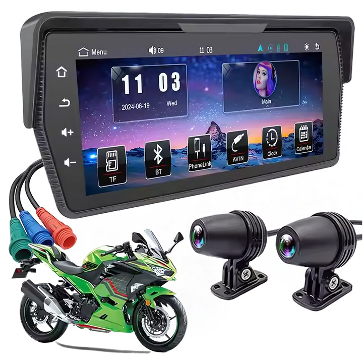 GPS навигационна система и видеокамери с двоен преден/заден режим на запис за мотоциклети и мотопеди с 6,86-инчов сензорен екран Medeyatech™, съвместим с Android Auto и Apple Carplay, водоустойчив IP 65, черно-сив
