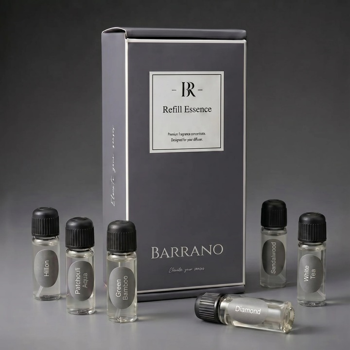 Set Refill Barrano® Nero - 6 Arome Unice: Hilton, Patchouli Aqua, Sandalwood, White Tea, Diamond, Green Bamboo - 6 Rezerve 5ml, Ambalate In Cutie Alba Eleganta