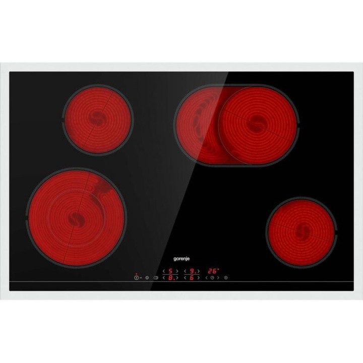 Beépített üvegkerámia főzőlap Gorenje ECT843BX, rozsdamentes acél keret, 4 főzőzóna, (1 dupla főzőlap nagy felülettel), Maradékhő jelző, Stop&Go, Staywarm, 80cm, Fekete