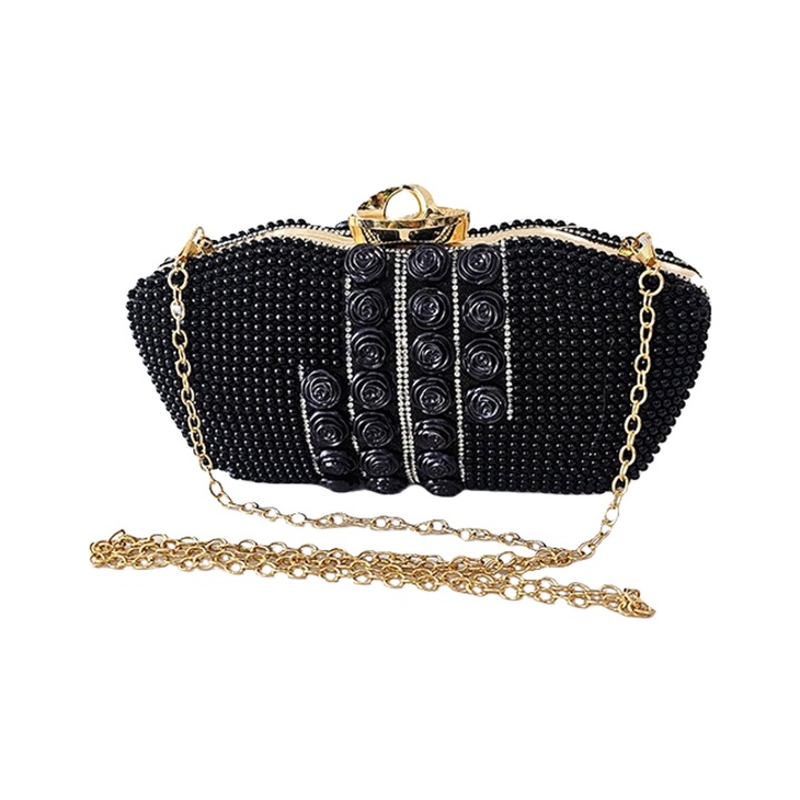 Alkalmi táska, Opulent Style, clutch típusú, virág és gyöngy díszítő részletekkel, Fekete, 22x11x5 cm