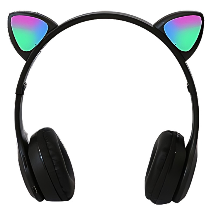 Casti cu urechi de pisica, SDEPOT®, Bluetooth 5.0, Stereo, Baterie 400 mAh, Wireless, negru