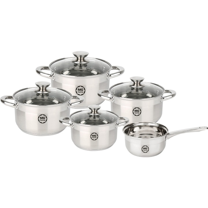 Oale din otel periat MG Home Moderno 9 buc, set 4 oale, cratita cu capace, pentru inductie