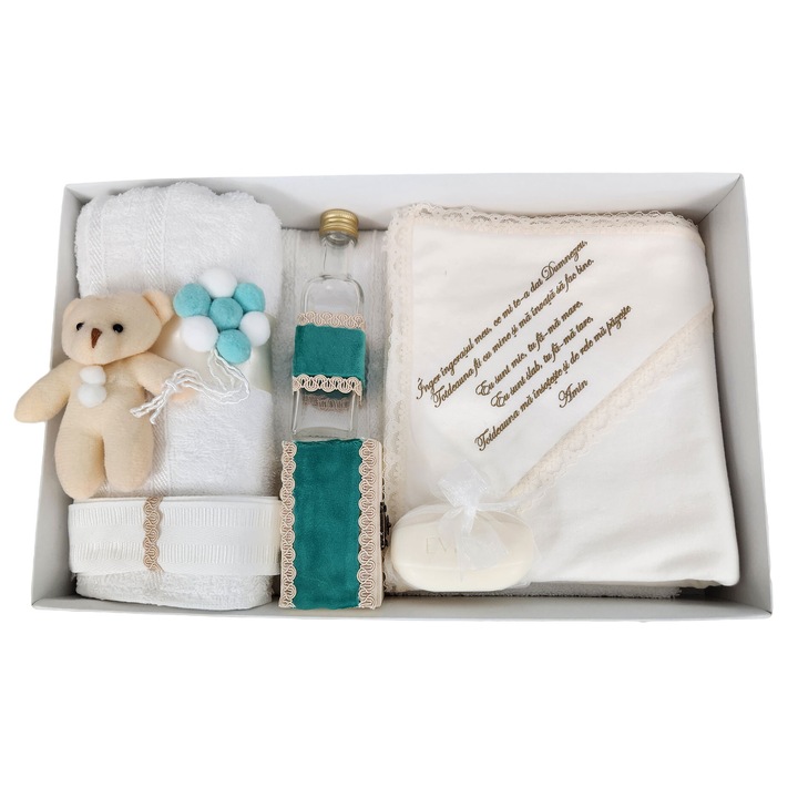 Trusou pentru botez 7 piese, model Ursulet cu Baloane culoare turcoaz