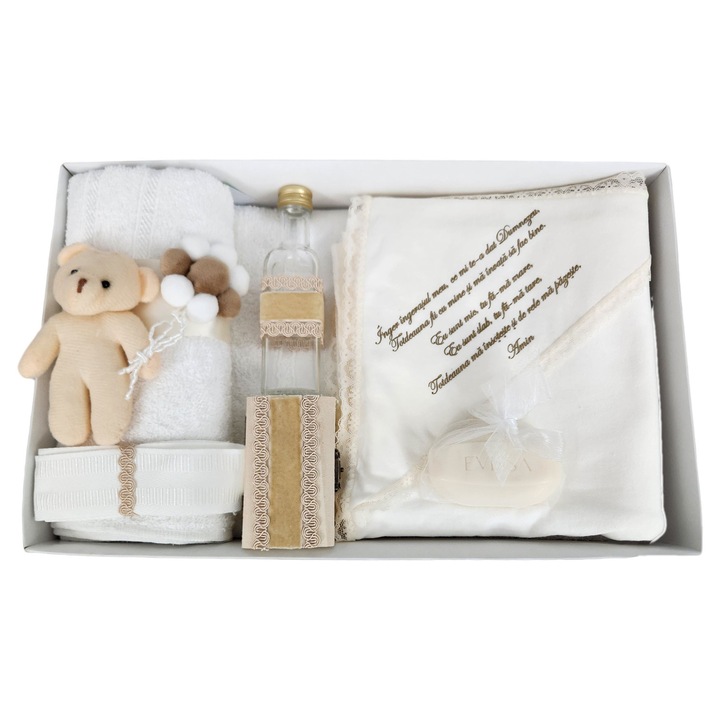 Trusou pentru botez 7 piese, model Ursulet cu Baloane culoare crem