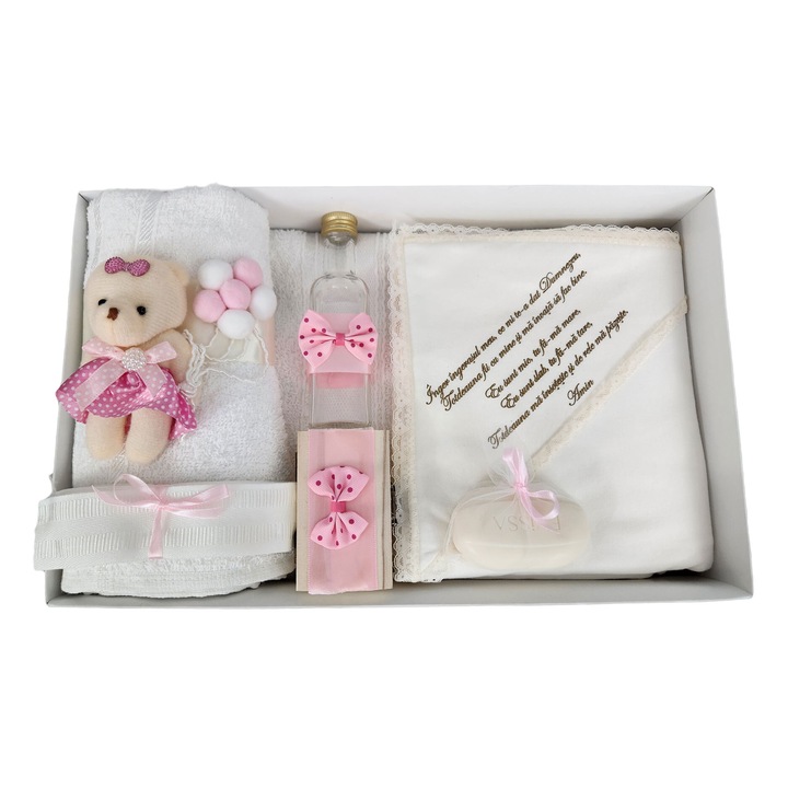 Trusou pentru botez 7 piese, model Ursulet cu Baloane culoare roz