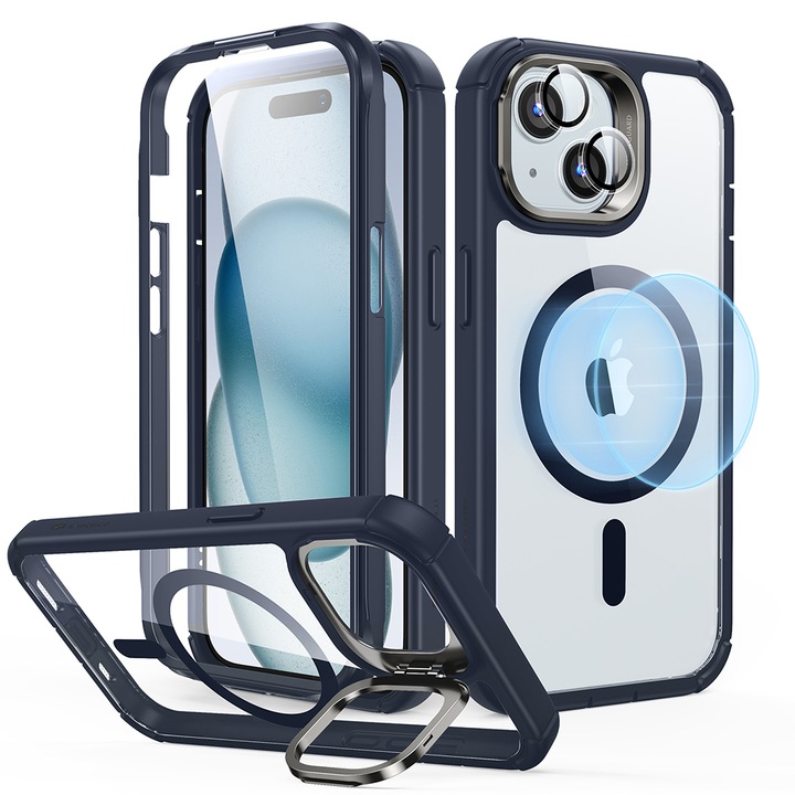 Husa compatibila cu iPhone 15 Plus + Folie, RAO Urban, ru iPhone 15 Plus + Folie - ESR Armor Tough Kickstand HaloLock, D18, Premium Lexgard, Clear Dark Blue