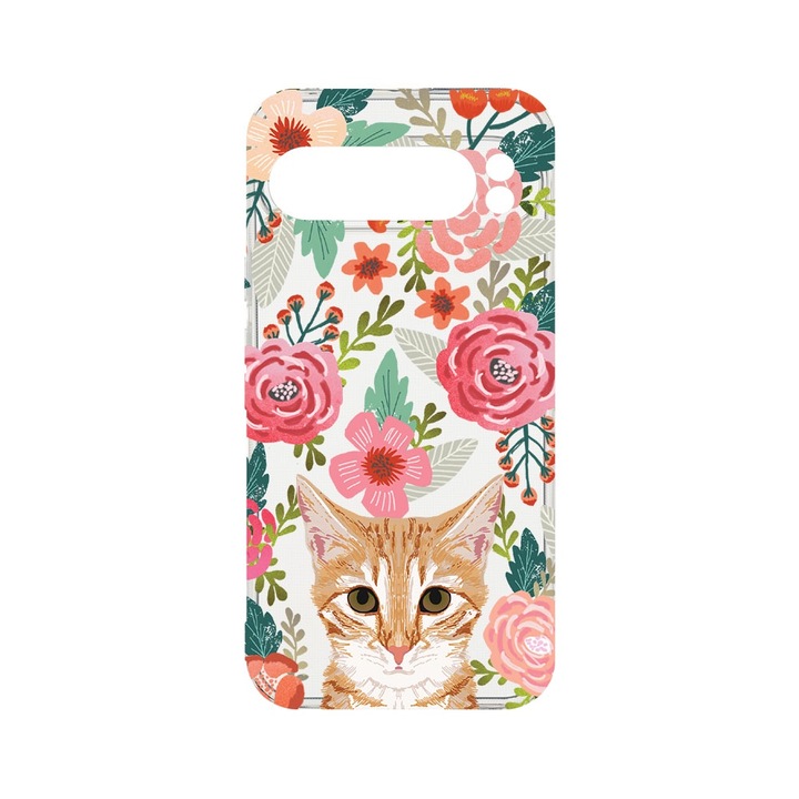 BestCase® Husa Clear Silicon 2MM, Compatibila Cu Google Pixel 9 Pro XL, Cat and Flowers, Antisoc, Protectie Camera, T 638