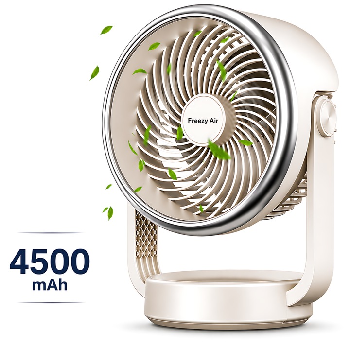 Ventilator Portabil De Birou Freezy Air® AeroCool Pro, 4 Viteze, USB Type C, Acumulator 4500 mAh, Motor Brushless, Ultra Silentios, Pentru Casa, Camping, Alb