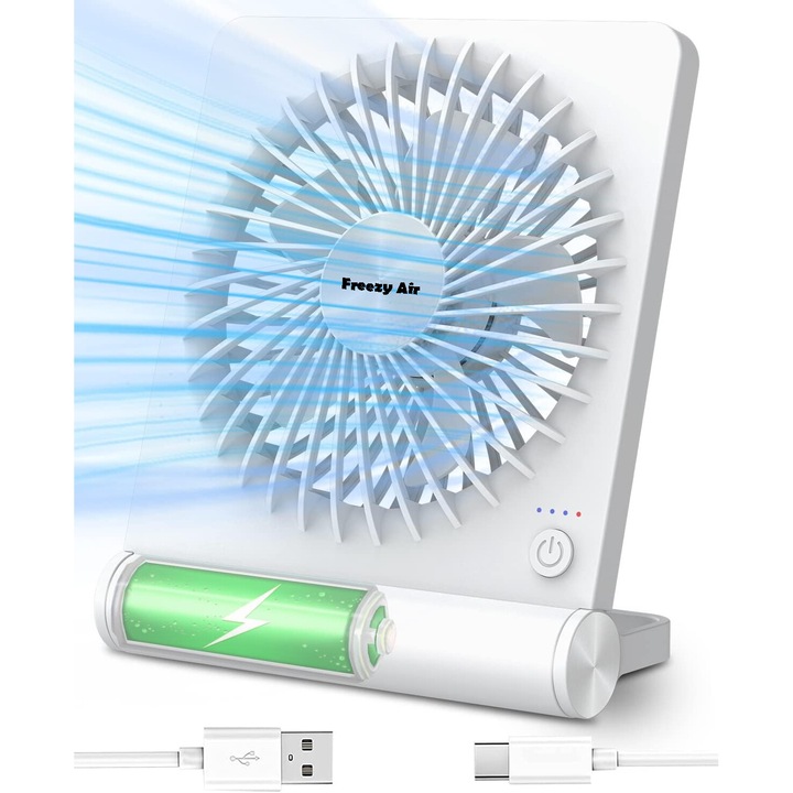 Freezy Air® CoolMaster Edge hordozható asztali ventilátor, 3 sebesség, USB Type C, 4000 mAh akkumulátor, kefe nélküli motor, rendkívül csendes, otthonra, kempingezésre, fehér