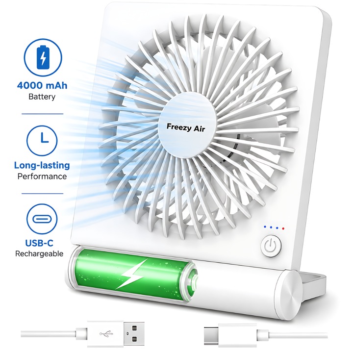 Ventilator Portabil De Birou Freezy Air® CoolMaster Edge, 3 Viteze, USB Type C, Acumulator 4000 mAh, Motor Brushless, Ultra Silentios, Pentru Casa, Camping, Alb