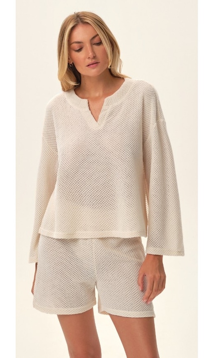 Set pentru femei Esotiq, bluza cu maneca lunga si pantaloni scurti cu talie inalta, poliester, casual, crem