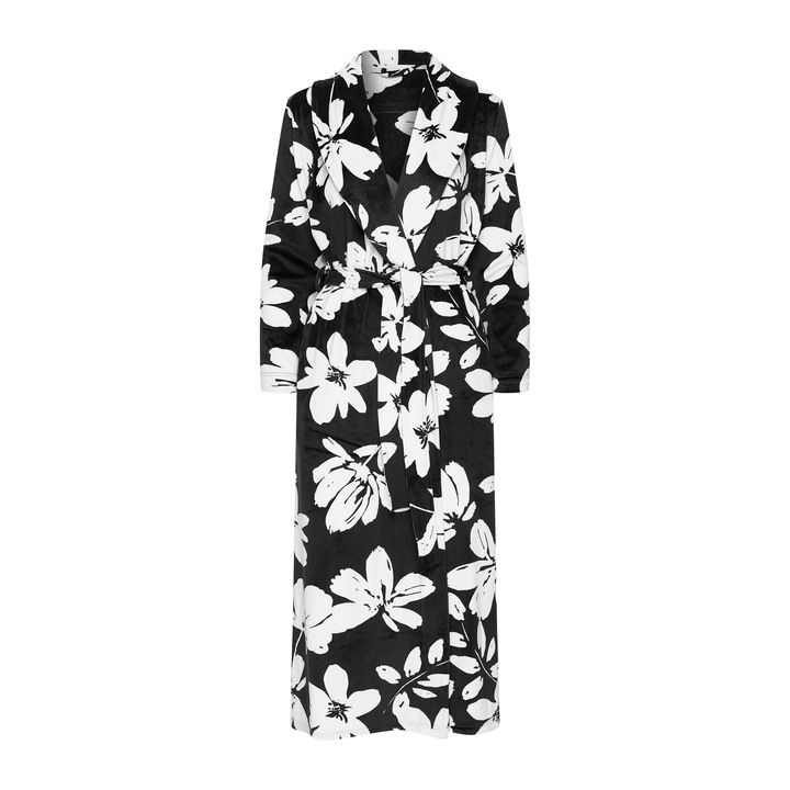 Halat de baie Esotiq Jua, design cu flori, lungi, alb/negru, S