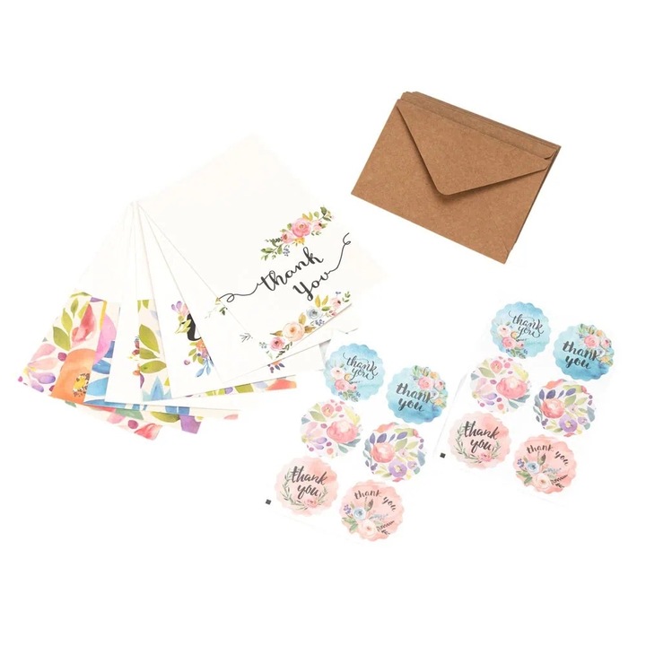 Set 8 felicitari cu plic si sticker cu mesaj Thank you - model 2, Createur, 10 × 7,5 cm