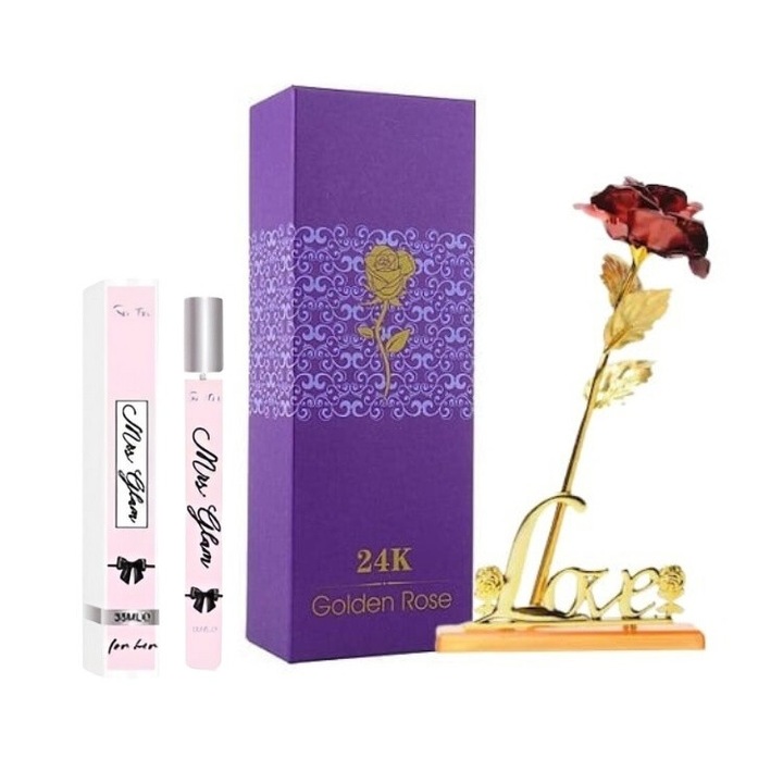 Set apa de toaleta Sentio 35 ml, pentru dama, model aleatoriu si trandafir rosu cu suport si cutie, suflat la baza cu auriu