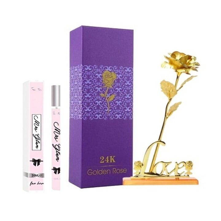 Set apa de toaleta Sentio 35 ml, pentru dama, model aleatoriu si trandafir auriu cu suport si cutie, suflat la baza cu auriu