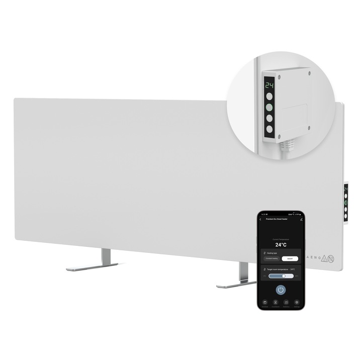 Incalzitor electric AGH0003S, AENO Premium Eco Smart LED, 700W, economie de energie, sticla calita, incalzire cu raze infrarosii + convectie, WiFi, pardoseala/perete, alb, pentru uz in incapere