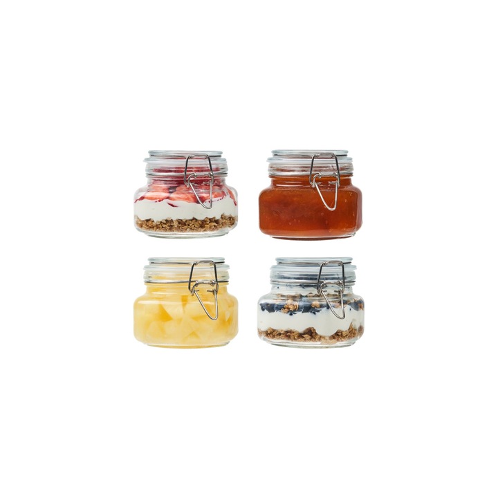 Set 4 borcane alimente, Ordino, 0.5l, sticla, inchidere etansa prin sarma, etichete, marker, ideal pentru depozitare alimente conservabile