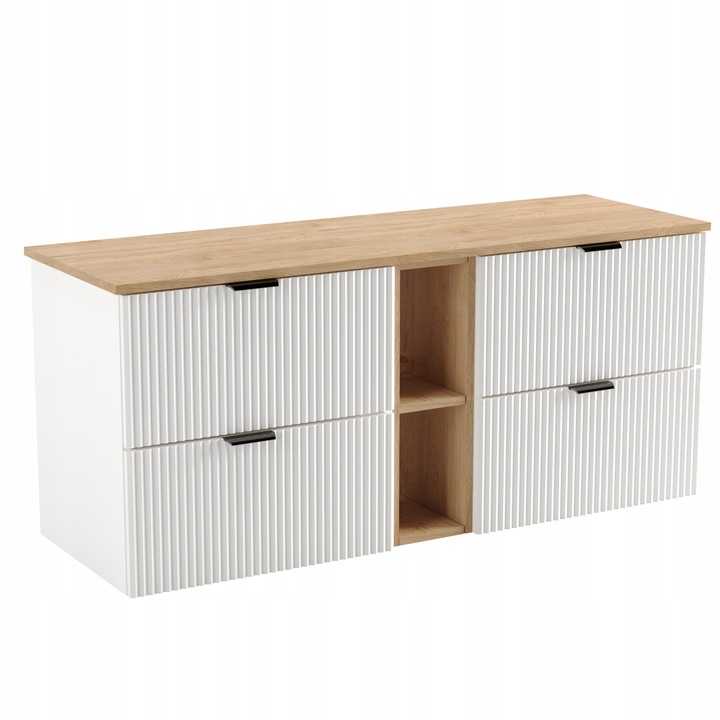 Dulap pentru lavoar Wena Meble, cu raft, fronturi canelate Willy, 140x60x47 cm, Alb/Nuc top/Nuc raft