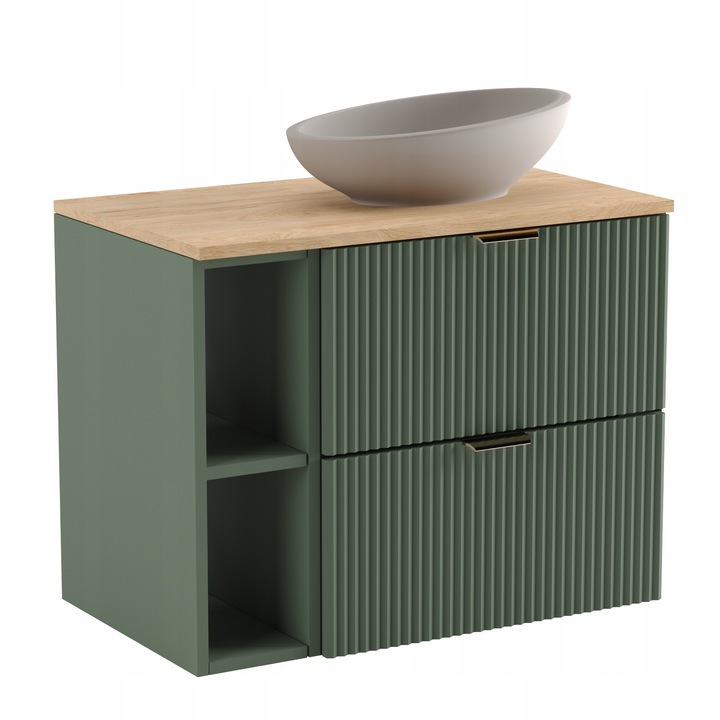 Dulap pentru lavoar Wena Meble, cu raft, fronturi canelate Willy, 80x60x47 cm, Verde/Nuc top