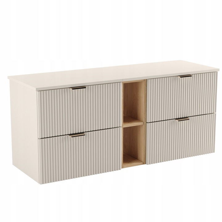 Dulap pentru lavoar Wena Meble, cu raft, fronturi canelate Willy, 140x60x47 cm, Casmir/Nuc raft