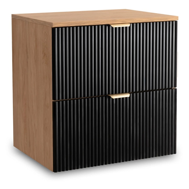 Dulap pentru lavoar Wena Meble, fronturi canelate Willy, 60x60x47 cm, Negru/Nuc