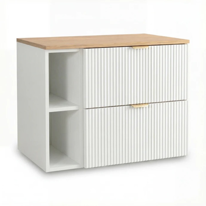 Dulap pentru lavoar Wena Meble, cu raft, fronturi canelate Willy, 80x60x47 cm, Alb/Nuc top