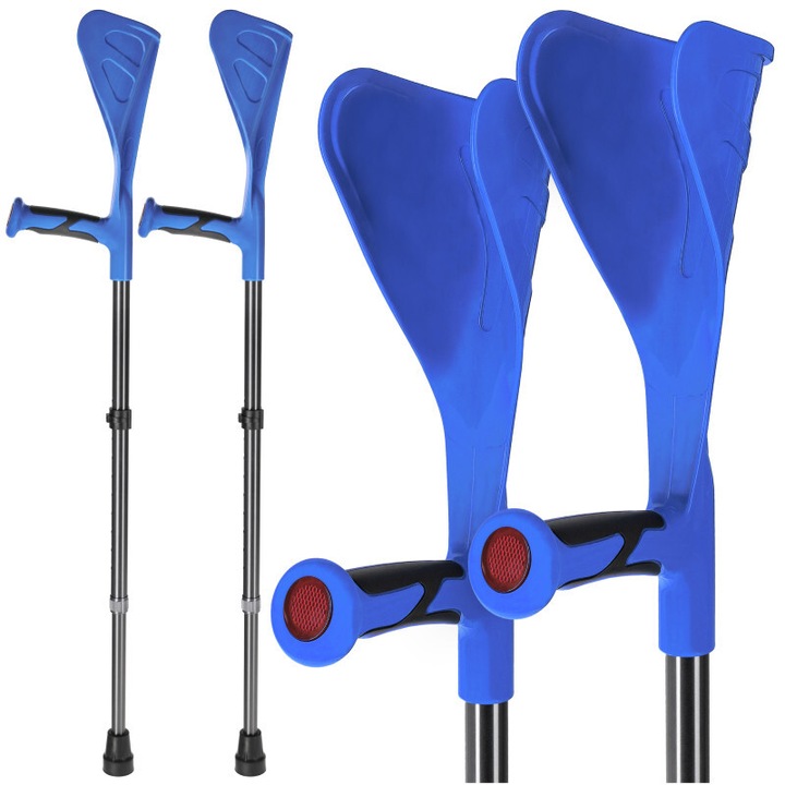 Carje ortopedice PRO, 2 buc, 4FIZJO, reglabile, stabil, suport pana la 150 kg, greutate redusa, maner ergonomic cu suport pentru articulatia cotului, material ABS, Aluminiu, dimensiune universal, Negru/Albastru