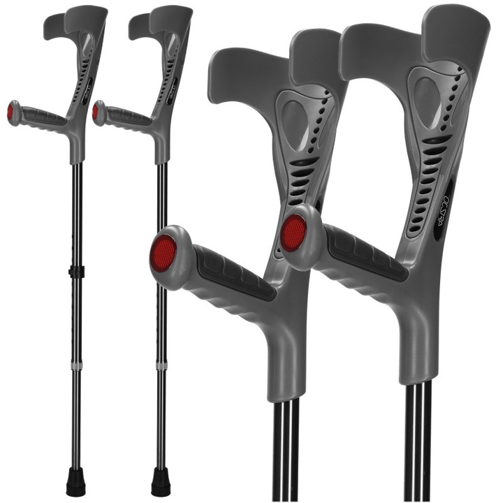 Carje ortopedice, 4FIZJO, reglabile, stabil, fabricate din materiale de inalta calitate, suport pana la 150 kg, greutate redusa, maner ergonomic cu suport pentru articulatia cotului, dimensiune universal, material ABS, aluminiu, 2 buc, Negru/Gri