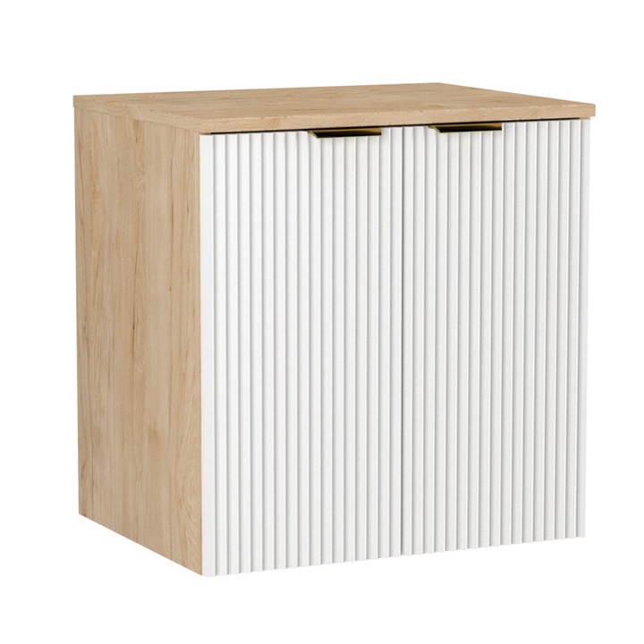 Dulap pentru lavoar Wena Meble cu usi, fronturi canelate Willy, 60x60x47 cm, Alb/Nuc