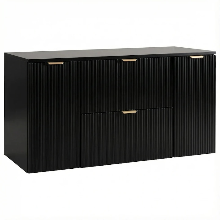 Dulap pentru lavoar Wena Meble, cu 2 usi si 2 sertare, fronturi canelate Willy, 120x60x47 cm, Negru