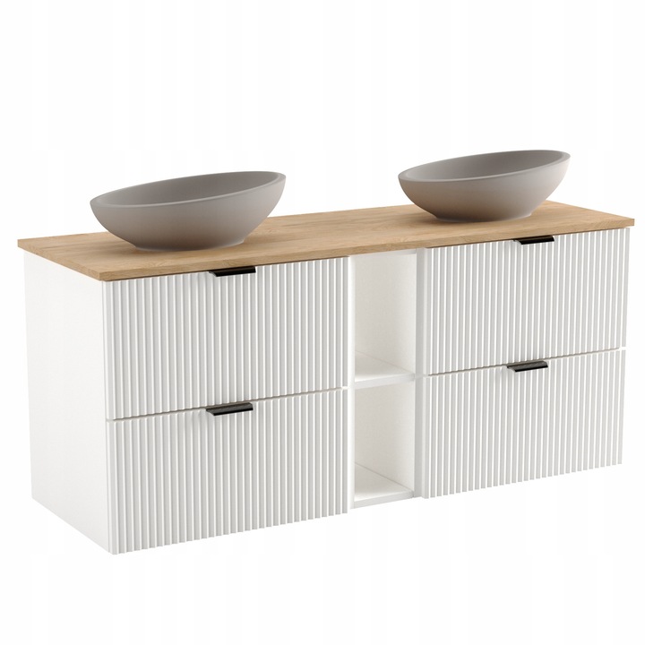 Dulap pentru lavoar Wena Meble, cu raft, fronturi canelate Willy, 140x60x47 cm, Alb/Nuc top/Alb raft