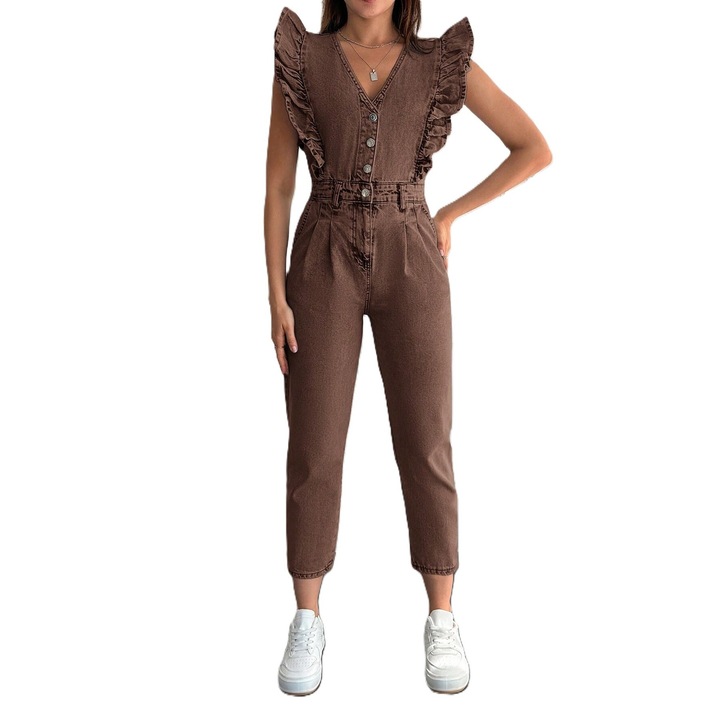 Salopeta Dama, Din Denim, Cu Volane La Umeri, Maro